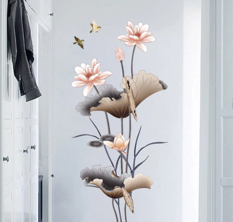Chinese Style Lotus Flower Wallpaper Self-adhesive Living Room Decor Sofa Background Decoration Wall Stickers