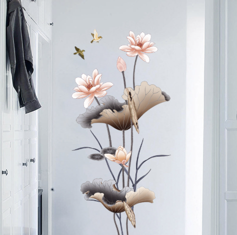 Chinese Style Lotus Flower Wallpaper Self-adhesive Living Room Decor Sofa Background Decoration Wall Stickers