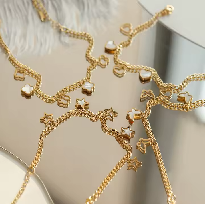 CLASSIC Jewelry Set 18K Gold Plated Stainless Steel Leaf Butterfly Heart Star Pendant Clavicle Shell Necklace Bracelet