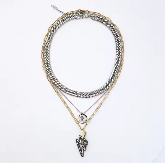 Multi Layered Stainless Steel Cuban Chains Queen Pendant 18k Gold Plated Paper Clip Chain Lightning Charm Necklace YF3620